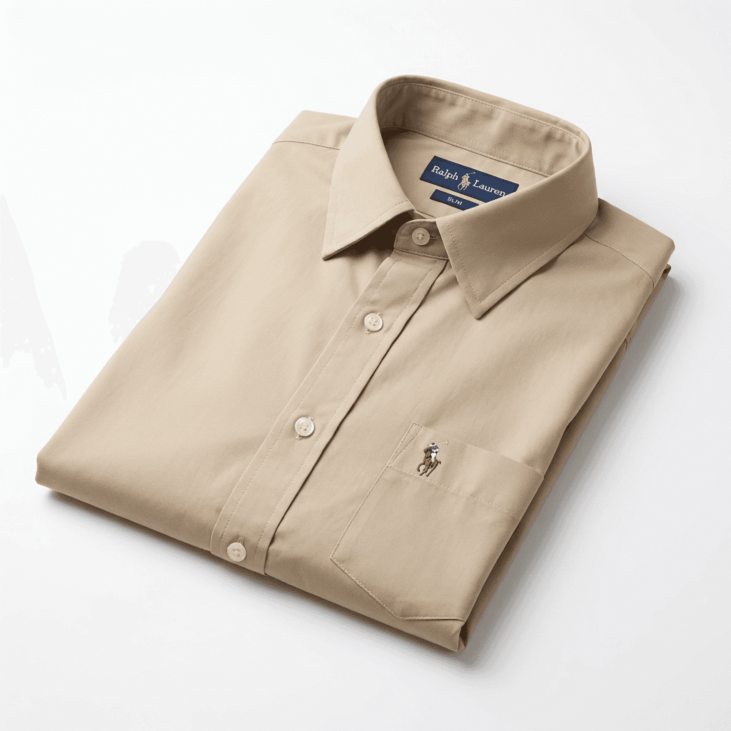 Men's Slim Fit Khaki Long Sleeve Shirt with Embroidered Bear — image 2
