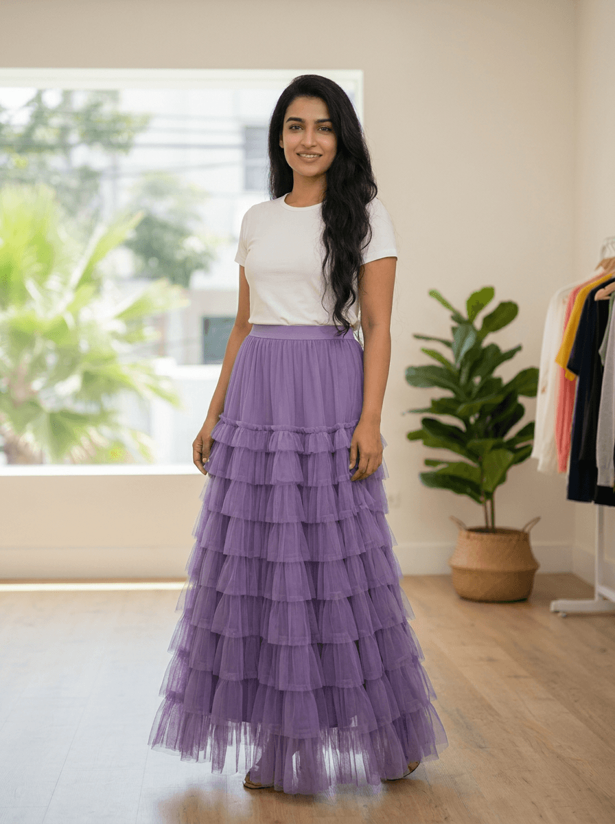 Purple Tiered Tulle Maxi Skirt | Ruffled Floor-Length Skirt — image 1