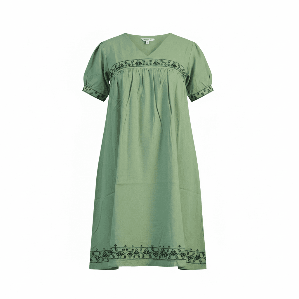 Thea Sage Green Embroidered Linen Dress | Casual Smock Fit — image 5
