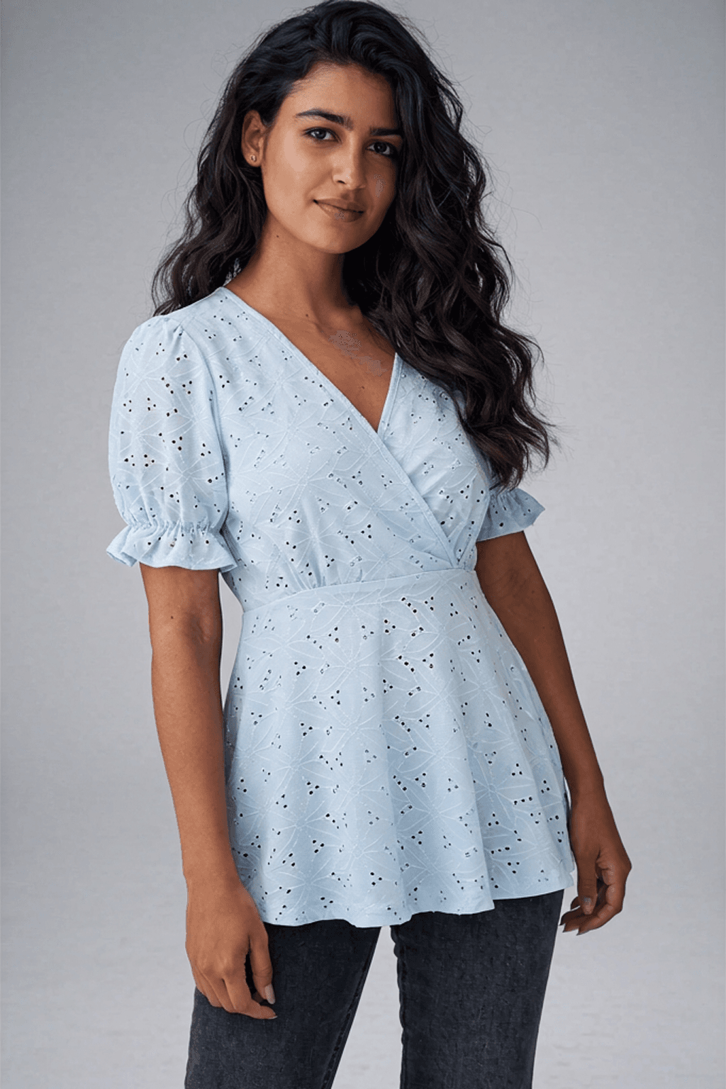 Cutlon Eyelet Peplum Wrap Blouse | Light Blue Puff Sleeve Top