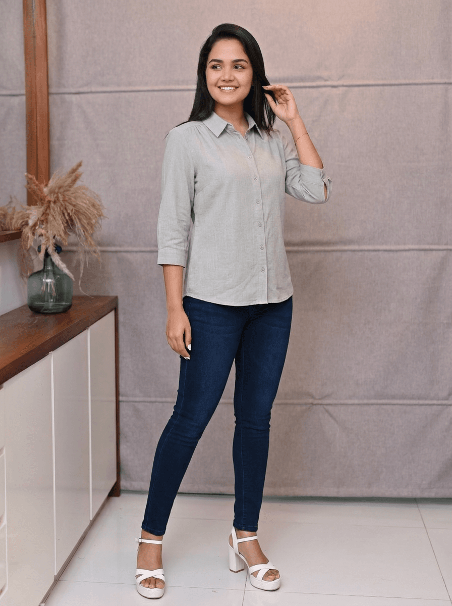 Classic Taupe Peter Pan Collar Blouse | Long Sleeve Button-Up Shirt — image 3