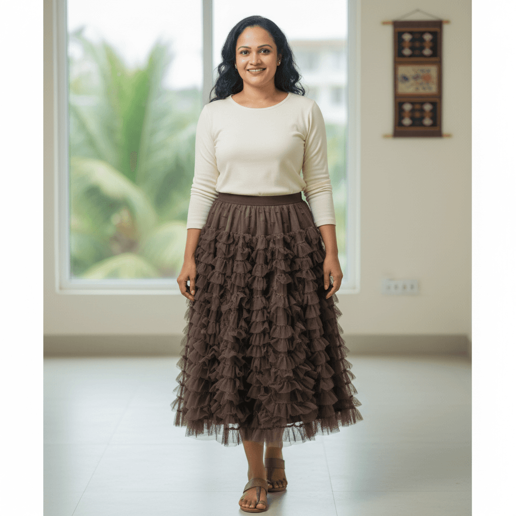 Chocolate Brown Tiered Tulle Maxi Skirt | Ruffled Mesh Skirt — image 2