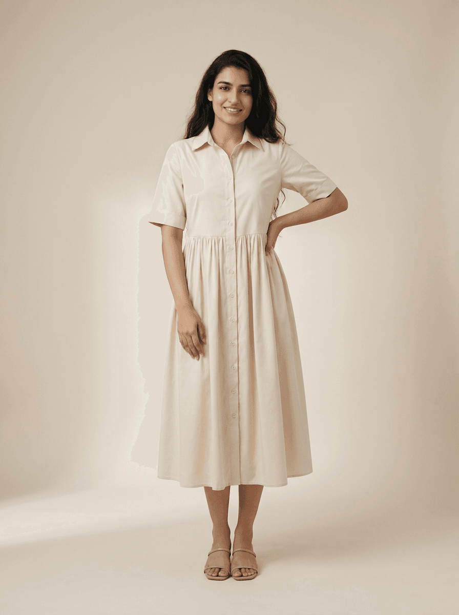 Elegant Cream Midi Shirt Dress | 100% Cotton Button-Down Style