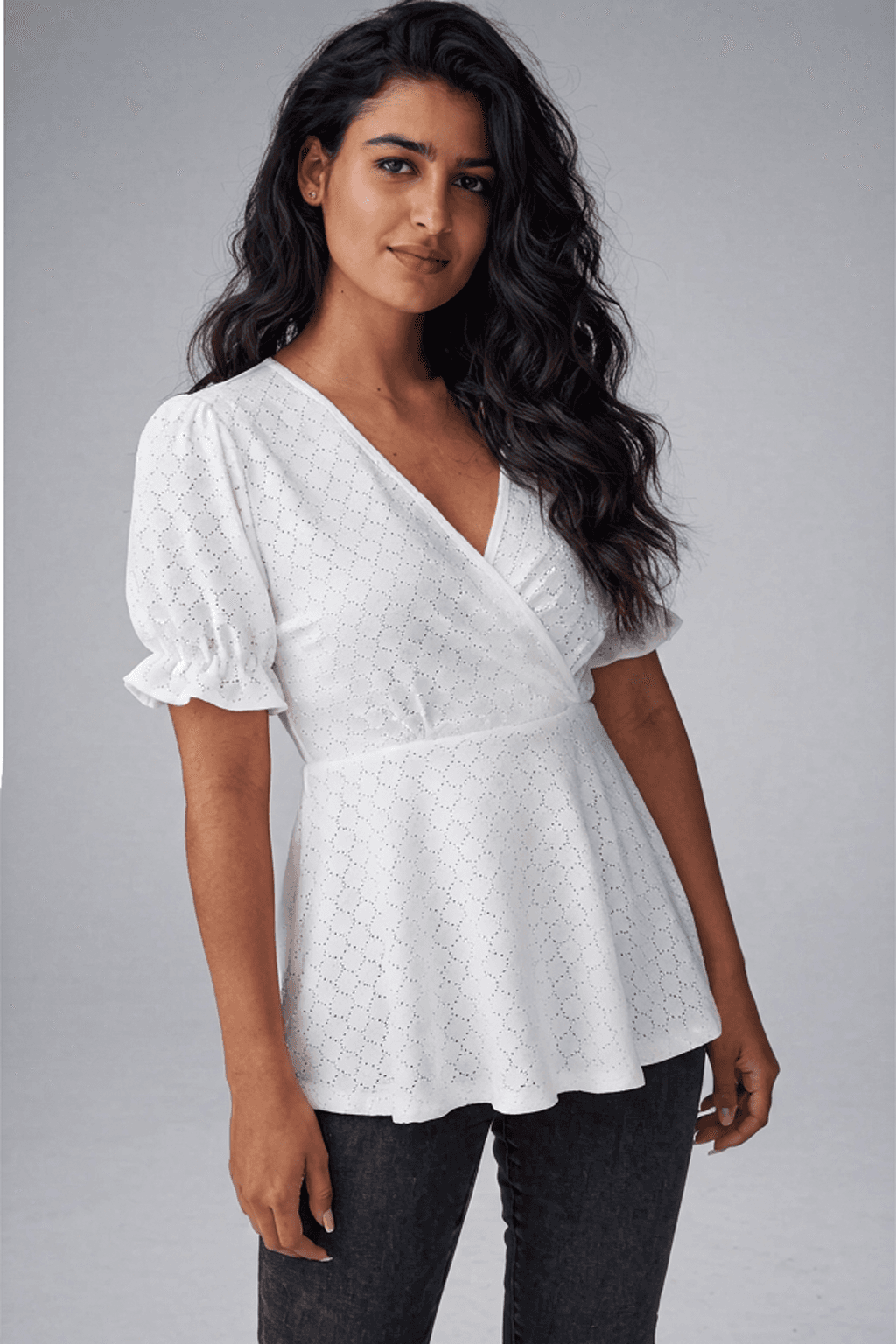 White Cotton Eyelet Wrap Peplum Blouse | Summer Top — image 1
