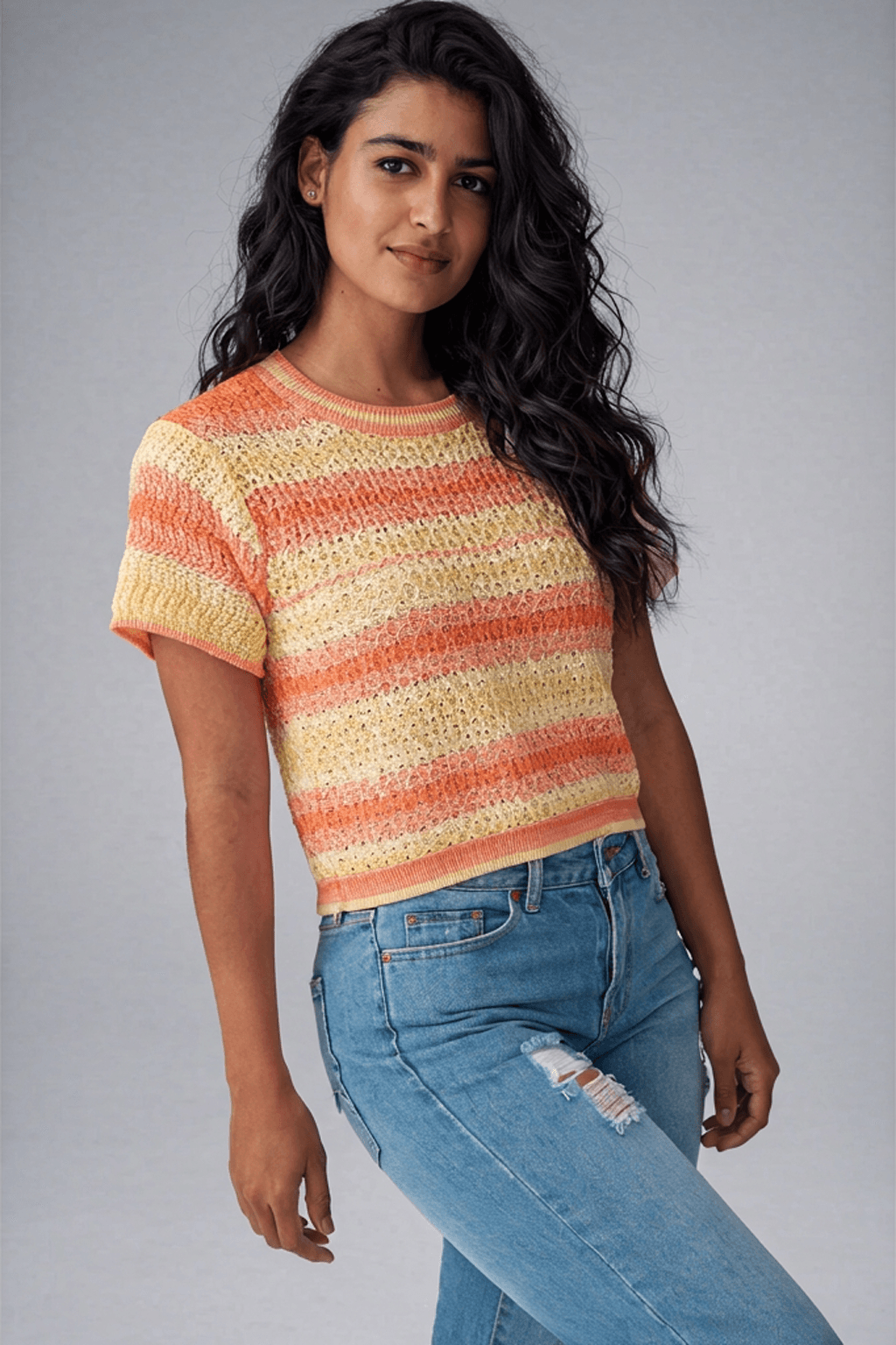 Sunset Striped Knit Crop Top | Short Sleeve Sweater Top