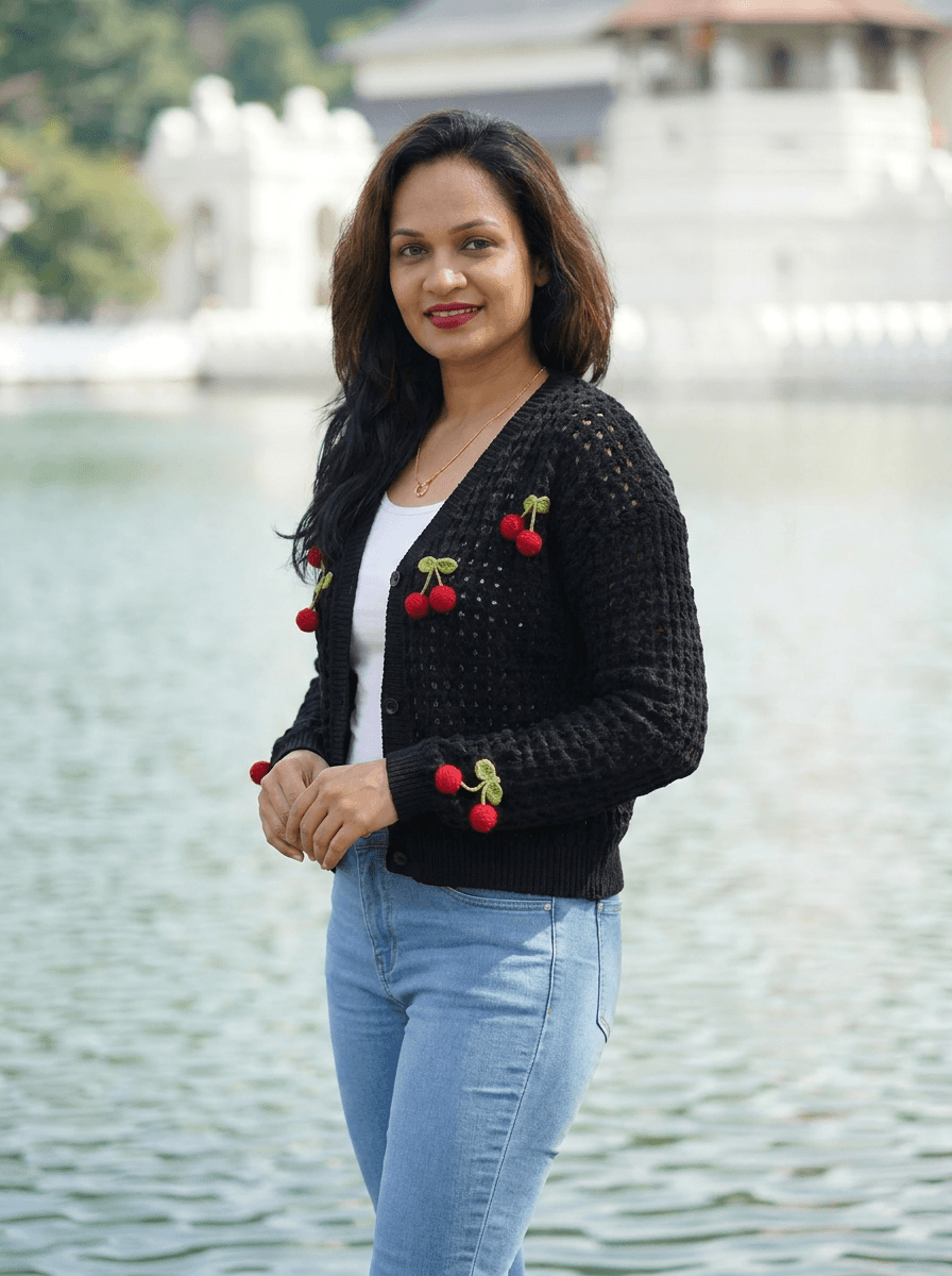Black Cardigans Cropped Open-Knit V-Neck with Cherry