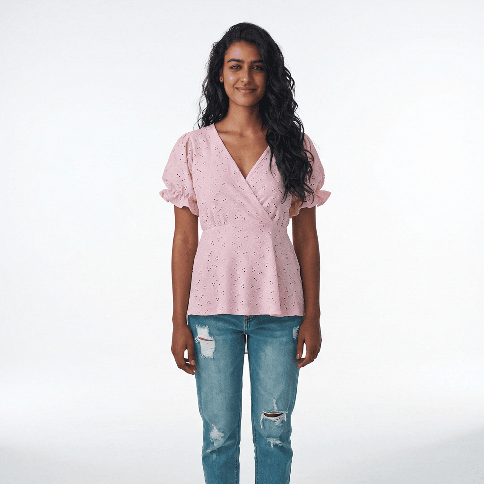 Pink Eyelet Peplum Wrap Blouse with Puff Sleeves — image 4