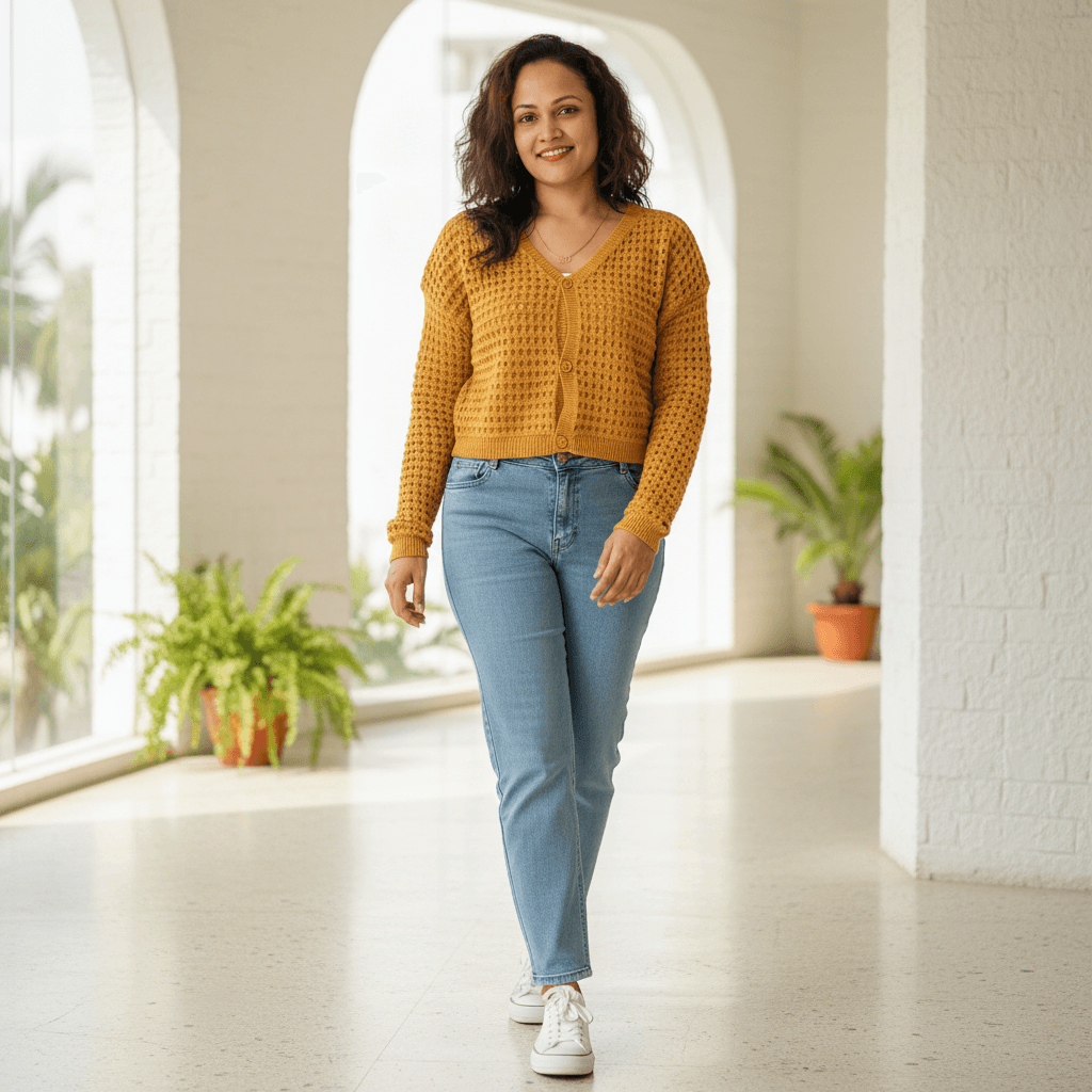 Women's Mustard Yellow Open Knit Cropped Sweater | Boho Top — image 2