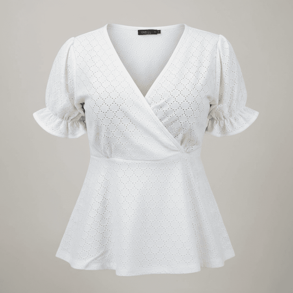 White Cotton Eyelet Wrap Peplum Blouse | Summer Top — image 2