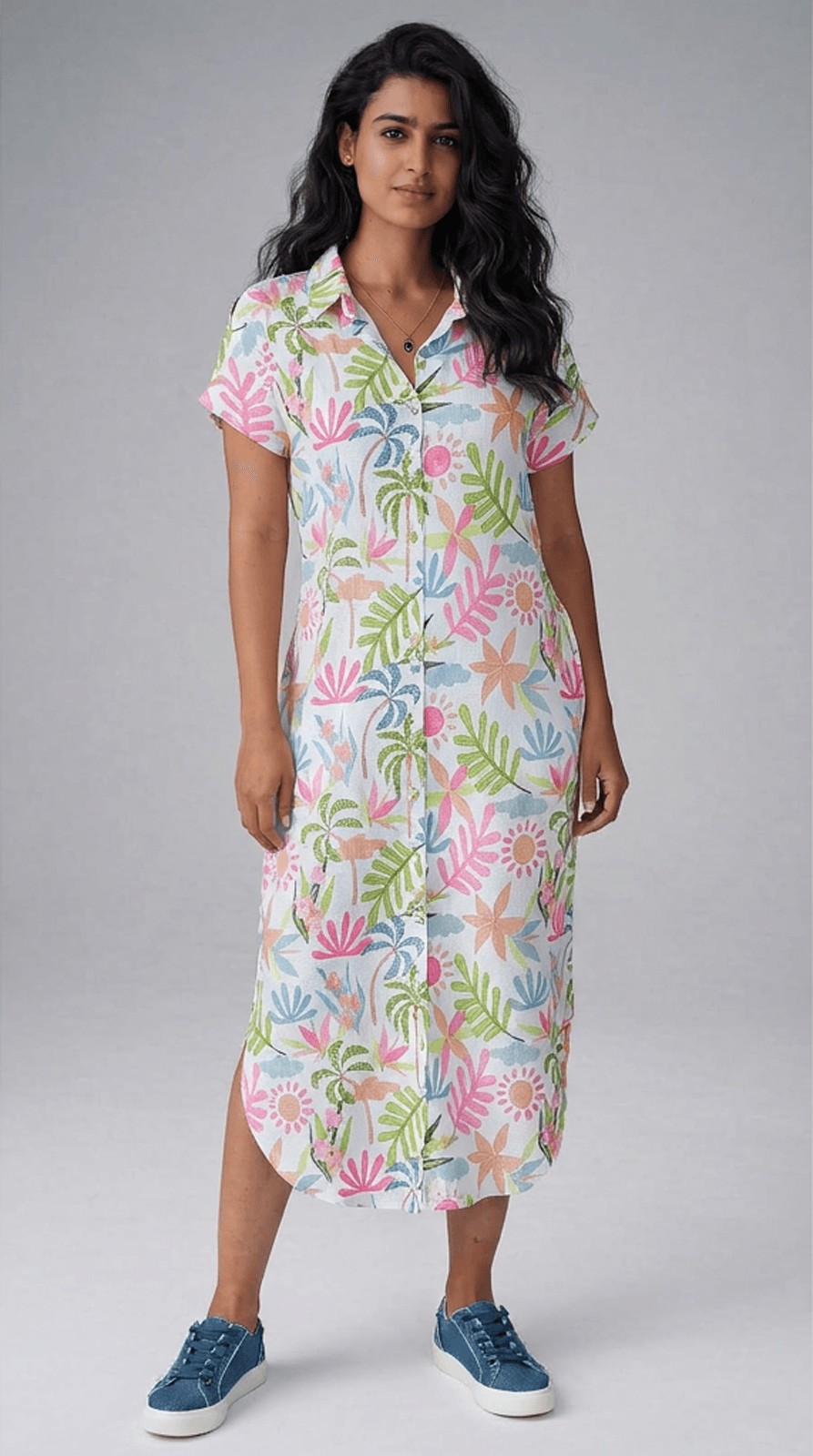 Tropical Print Midi Shirt Dress | Button-Down Summer Dress with Pockets