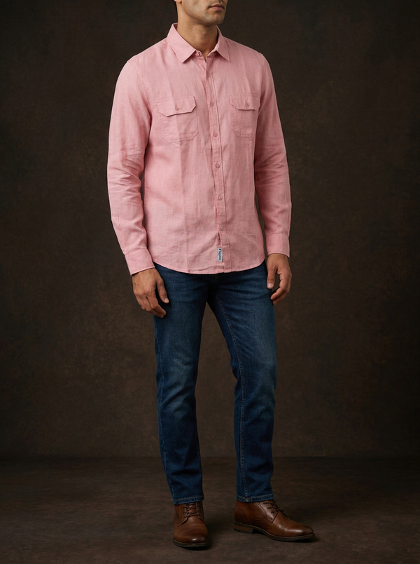Allen Solly Men's Pink Linen Casual Shirt with Double Pockets — Editorial catalog photo aligned to brand reference styling; primary product image for search and accessibility.
