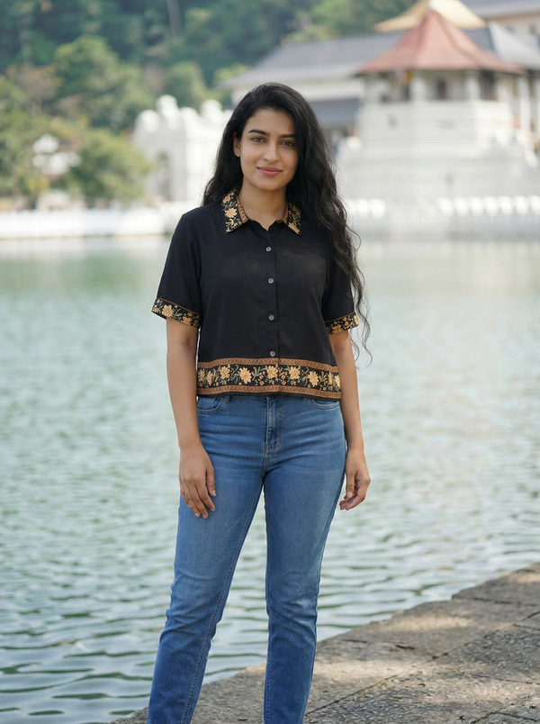 Black Short Sleeve Blouse with Floral Trim | Retro Button-Up — Editorial catalog photo aligned to brand reference styling; primary product image for search and accessibility.