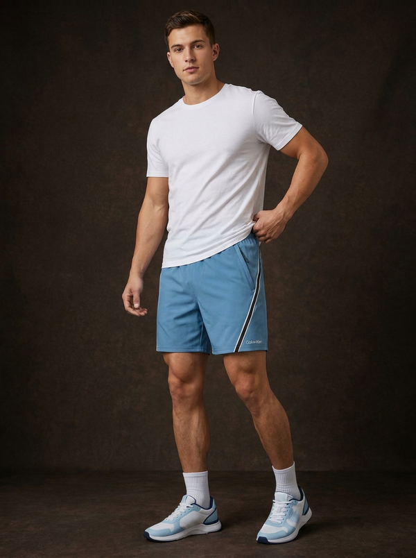 Calvin Klein Men's Blue Stripe Swim Trunks with Zipper Pocket — Editorial catalog photo aligned to brand reference styling; primary product image for search and accessibility.