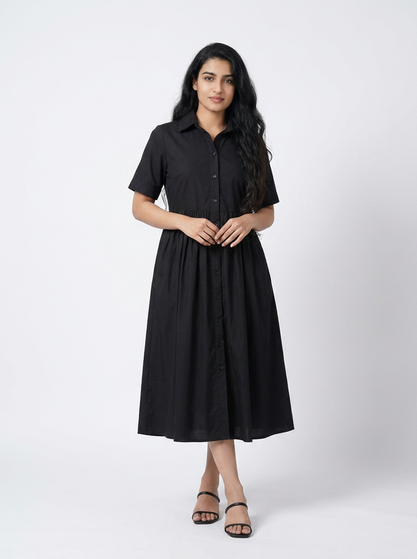 Classic Black Cotton Midi Shirt Dress with Pockets | Dress Me — Editorial catalog photo aligned to brand reference styling; primary product image for search and accessibility.