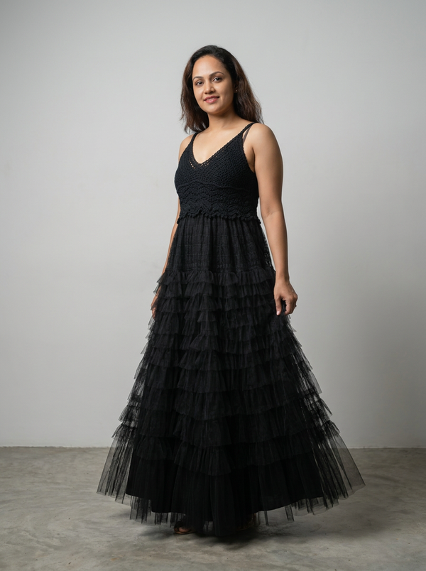Crochet Bodice Tulle Tiered Maxi Dress - Bohemian Style Free Size — Editorial catalog photo aligned to brand reference styling; primary product image for search and accessibility.