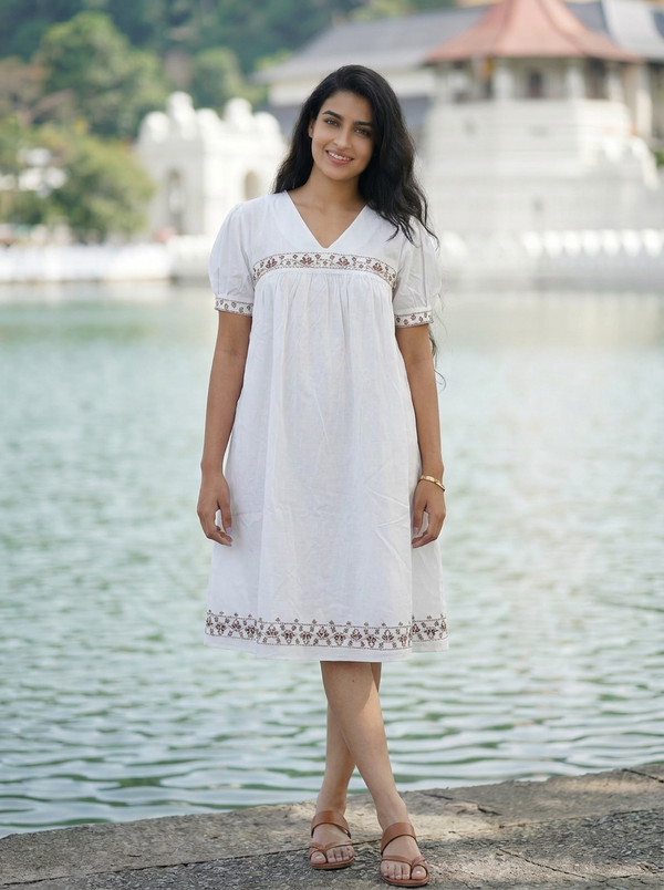 White Embroidered Linen Dress with Puff Sleeves | Summer Style – catalog lifestyle (reference matched)