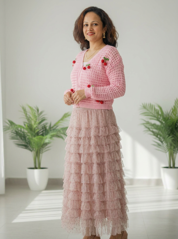 Dusty Pink Tiered Tulle Maxi Skirt | Ruffled Polka Dot Skirt — Editorial catalog photo aligned to brand reference styling; primary product image for search and accessibility.