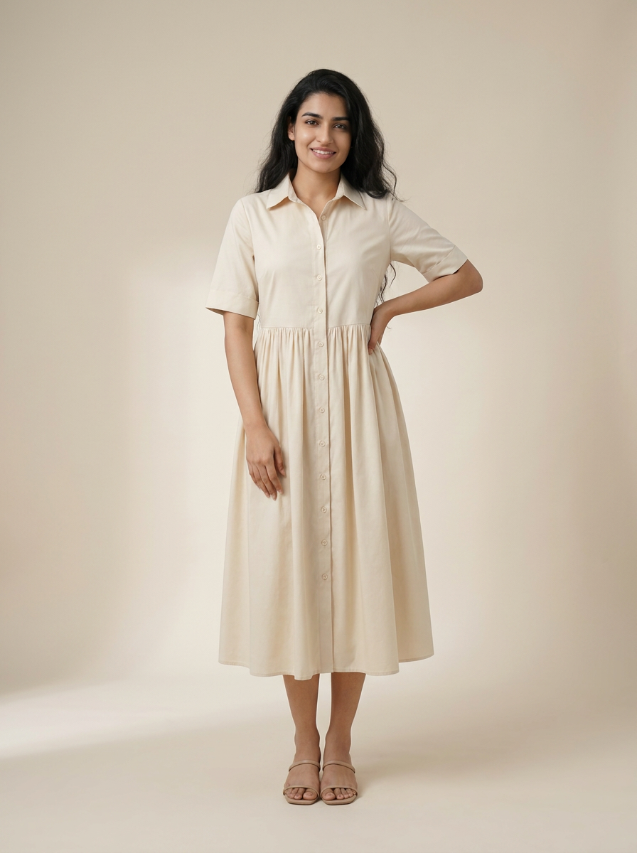 Elegant Cream Midi Shirt Dress | 100% Cotton Button-Down Style — Editorial catalog photo aligned to brand reference styling; primary product image for search and accessibility.
