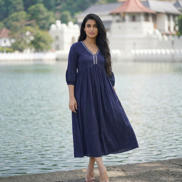 Boho Embroidered V-Neck Midi Dress | Navy Blue Cottagecore Style