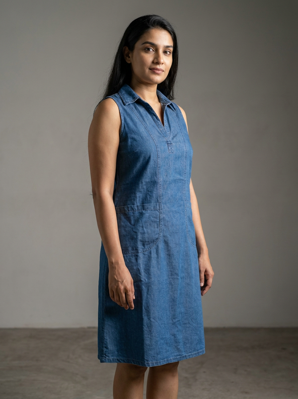 Blue sleeveless denim frock with collar and front pockets, worn by a model in a studio setting.