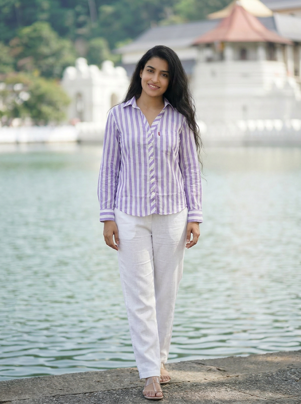 Lavender & White Striped Button-Down Shirt | Relaxed Fit Cotton Top — Editorial catalog photo aligned to brand reference styling; primary product image for search and accessibility.