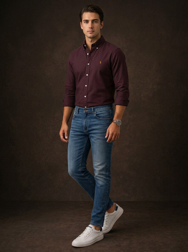 Men's Ralph Lauren Burgundy Slim Fit Long Sleeve Button-Down Shirt — Editorial catalog photo aligned to brand reference styling; primary product image for search and accessibility.