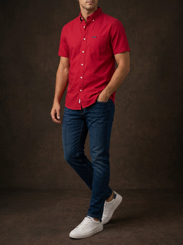 Tommy Hilfiger Men's Red Short-Sleeve Button-Down Shirt | Casual Classic Fit — Editorial catalog photo aligned to brand reference styling; primary product image for search and accessibility.