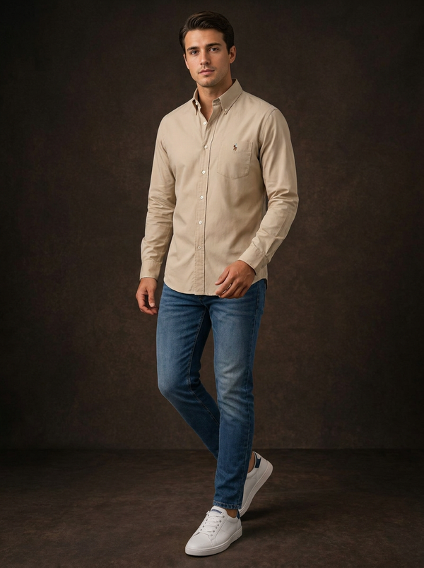 Men's Slim Fit Khaki Long Sleeve Shirt with Embroidered Bear — Editorial catalog photo aligned to brand reference styling; primary product image for search and accessibility.