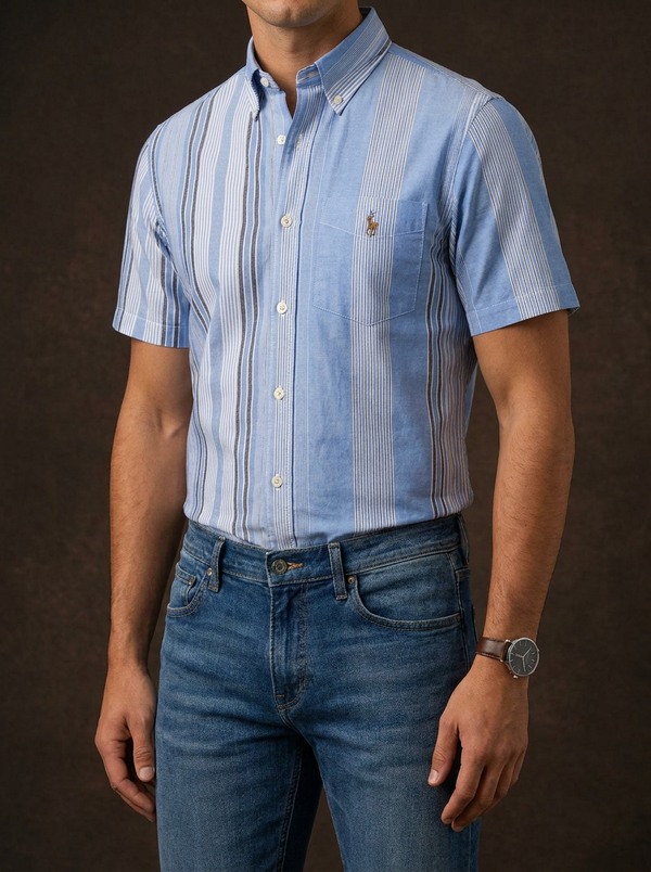 Men's Slim Fit Short-Sleeve Striped Button-Down Shirt — Editorial catalog photo aligned to brand reference styling; primary product image for search and accessibility.