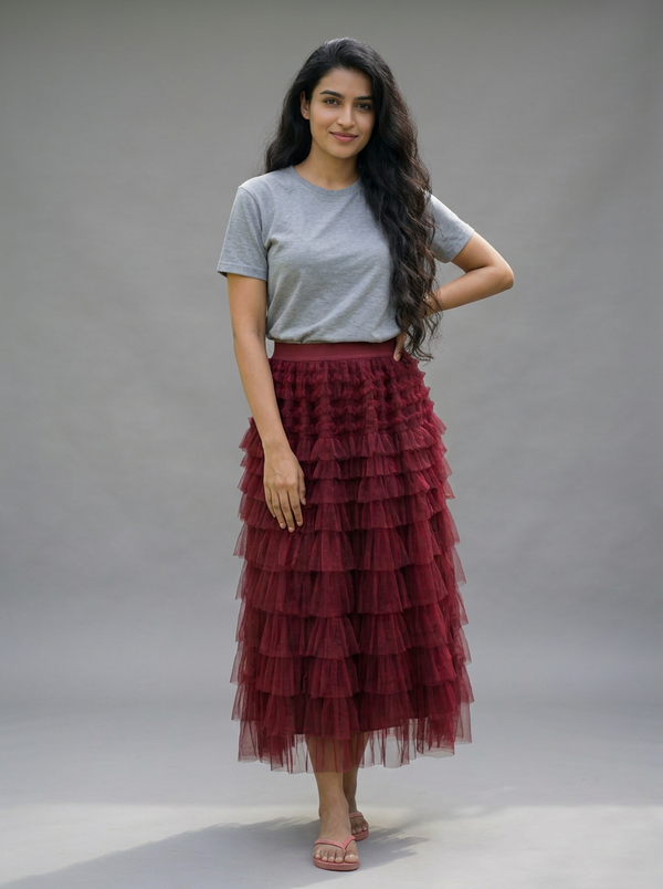 Merun Ruffle Skirt — Editorial catalog photo aligned to brand reference styling; primary product image for search and accessibility.