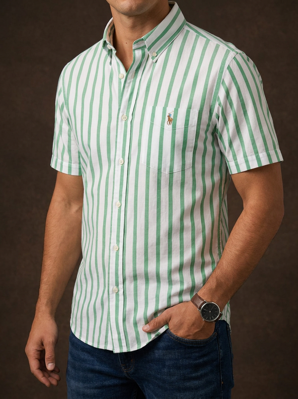 Ralph Lauren Men's Classic Fit Green Striped Short Sleeve Shirt — Editorial catalog photo aligned to brand reference styling; primary product image for search and accessibility.