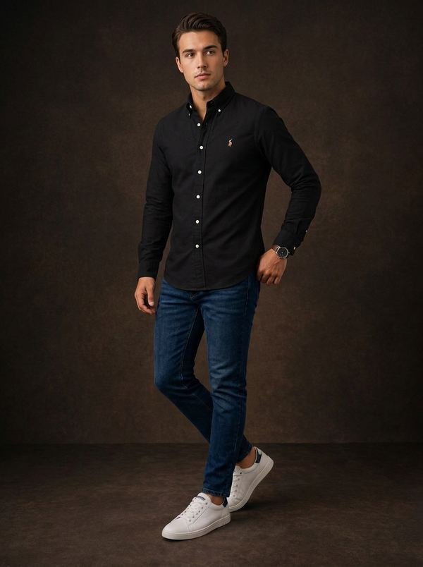 Ralph Lauren Men's Slim Fit Long Sleeve Oxford Shirt in Black — Editorial catalog photo aligned to brand reference styling; primary product image for search and accessibility.