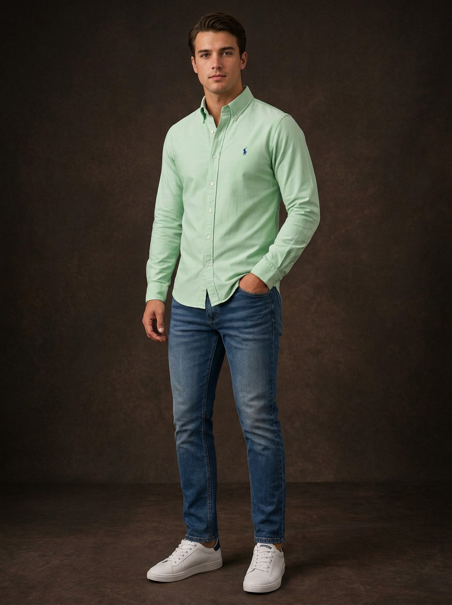 Ralph Lauren Men's Slim Fit Long Sleeve Oxford Shirt | Mint Green — Editorial catalog photo aligned to brand reference styling; primary product image for search and accessibility.