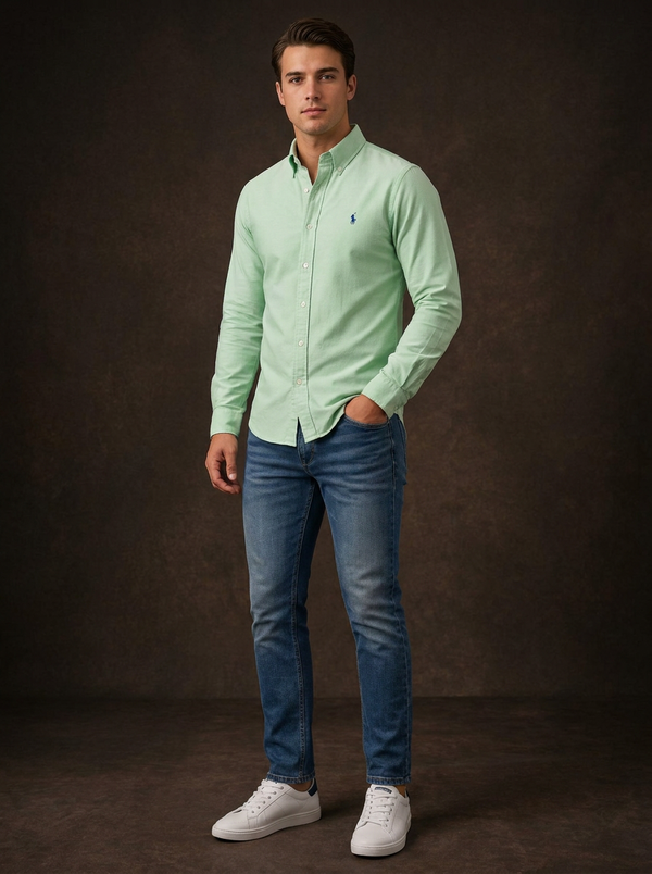 Ralph Lauren Men's Slim Fit Long Sleeve Oxford Shirt | Mint Green — Editorial catalog photo aligned to brand reference styling; primary product image for search and accessibility.