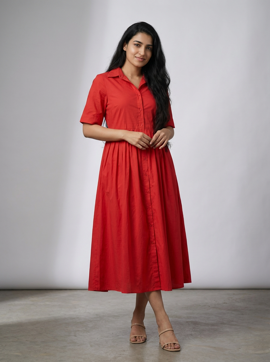 Red Cotton Midi Shirt Dress with Collar | Casual & Chic Style — Editorial catalog photo aligned to brand reference styling; primary product image for search and accessibility.