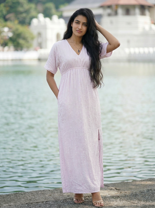 Serene Pink Textured Cotton V-Neck Maxi Dress with Slit — Editorial catalog photo aligned to brand reference styling; primary product image for search and accessibility.