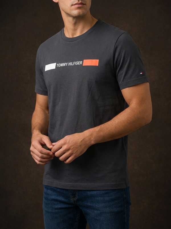 Tommy Hilfiger Men's Color Block Logo Graphic T-Shirt - Charcoal — Editorial catalog photo aligned to brand reference styling; primary product image for search and accessibility.