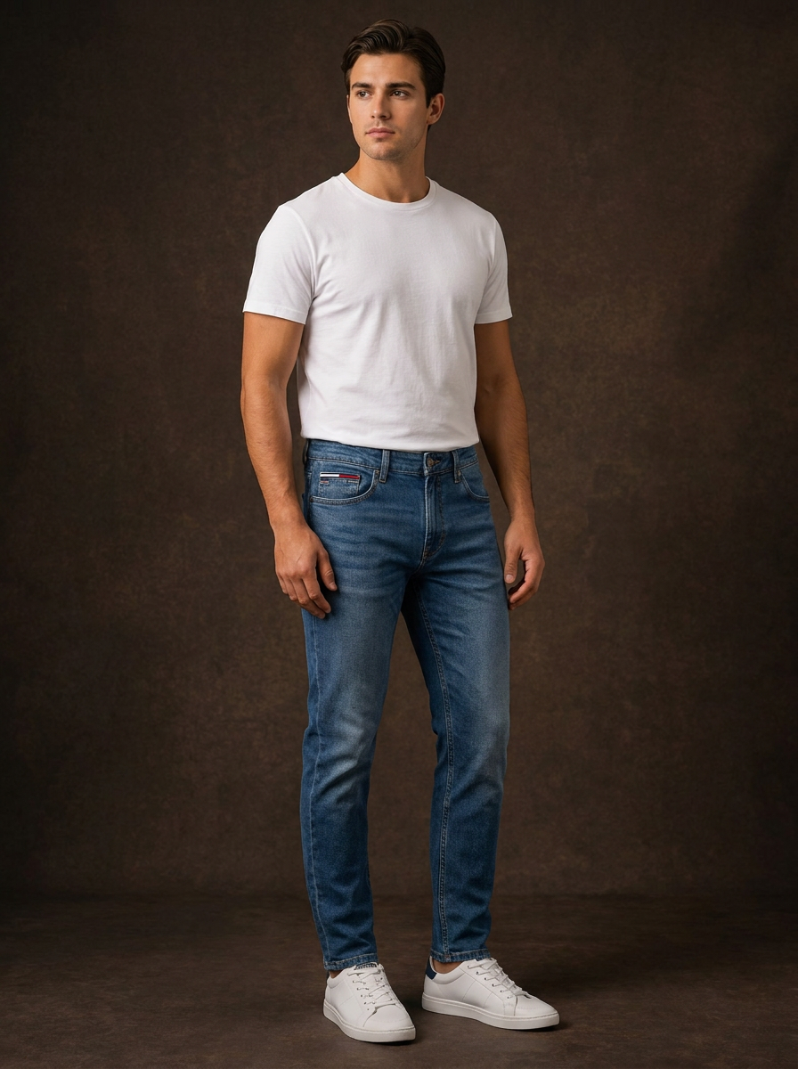Tommy Hilfiger Men's Steve Slim Fit Jeans - Classic Blue Denim — Editorial catalog photo aligned to brand reference styling; primary product image for search and accessibility.