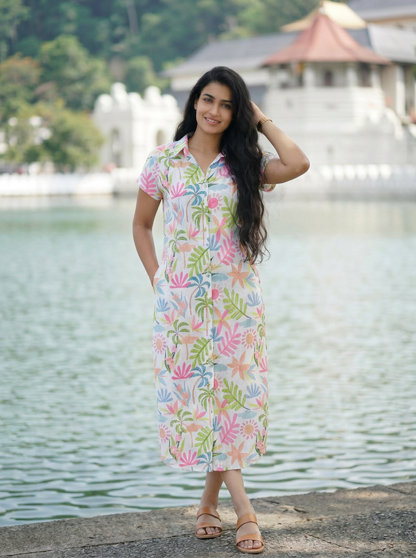 Tropical Print Midi Shirt Dress | Button-Down Summer Dress with Pockets — Editorial catalog photo aligned to brand reference styling; primary product image for search and accessibility.