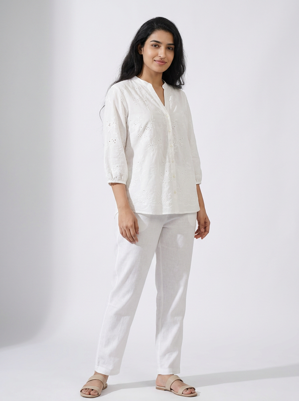 White Embroidered Eyelet Cotton Blouse | Bohemian Button-Down Top — Editorial catalog photo aligned to brand reference styling; primary product image for search and accessibility.