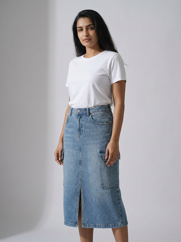 Women's Vintage Wash Long Denim Cargo Skirt | Utility Midi Skirt — Editorial catalog photo aligned to brand reference styling; primary product image for search and accessibility.