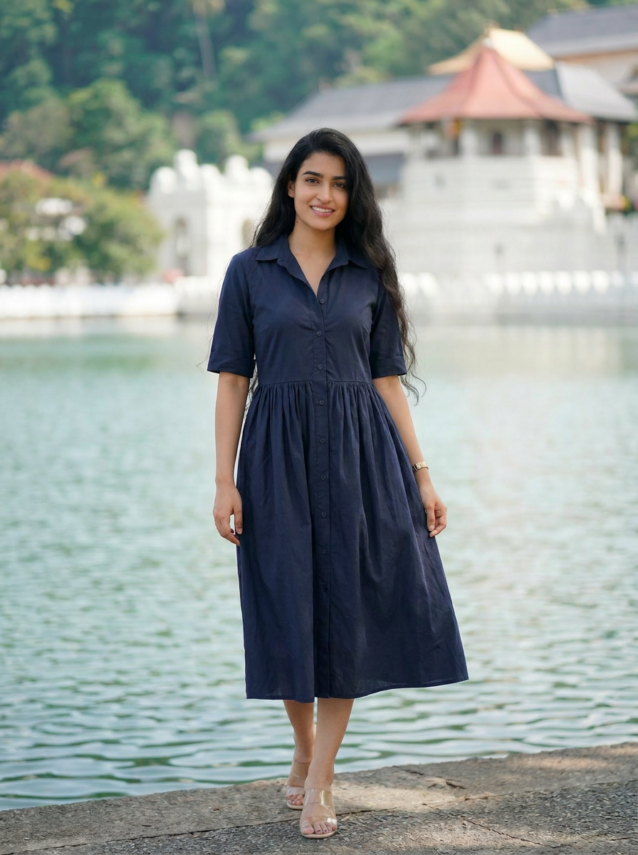 Classic Navy Button-Down Midi Shirt Dress | 100% Cotton