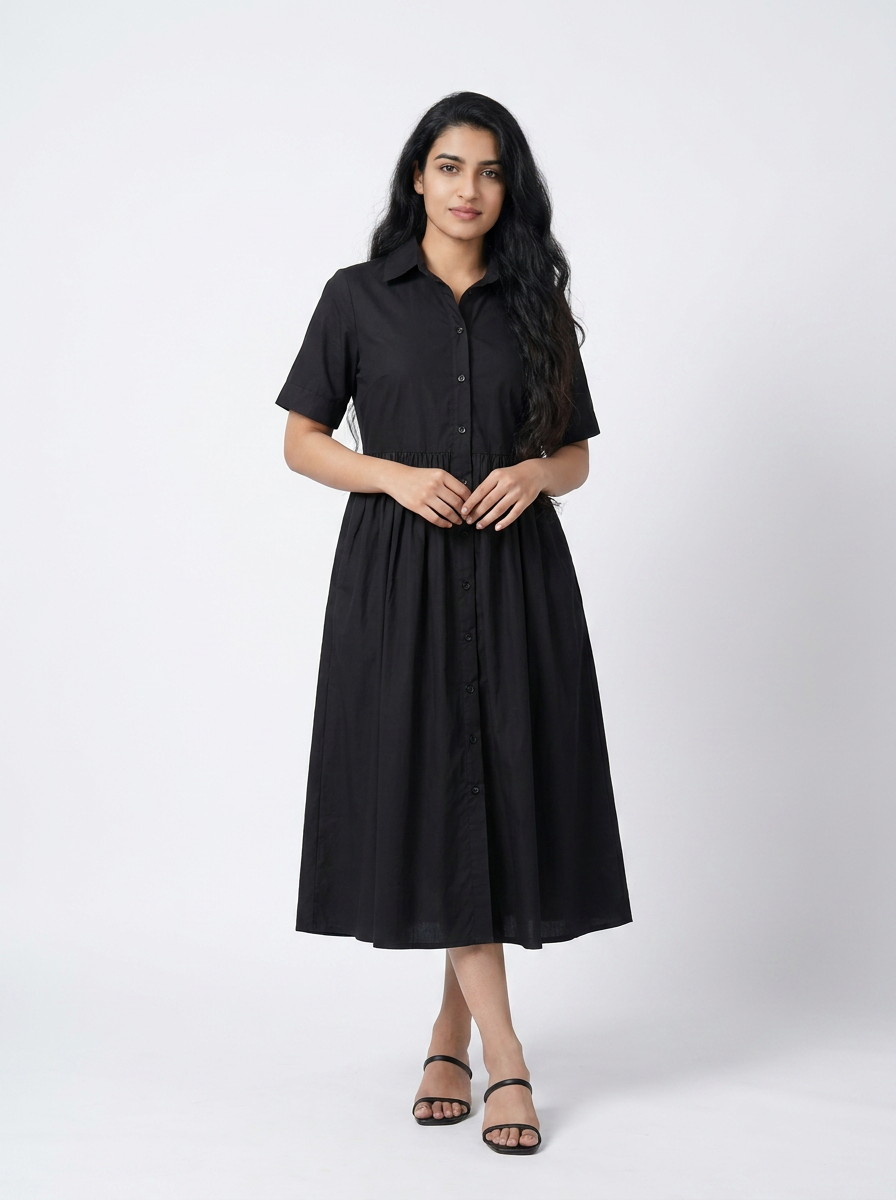 Classic Black Cotton Midi Shirt Dress with Pockets | Dress Me