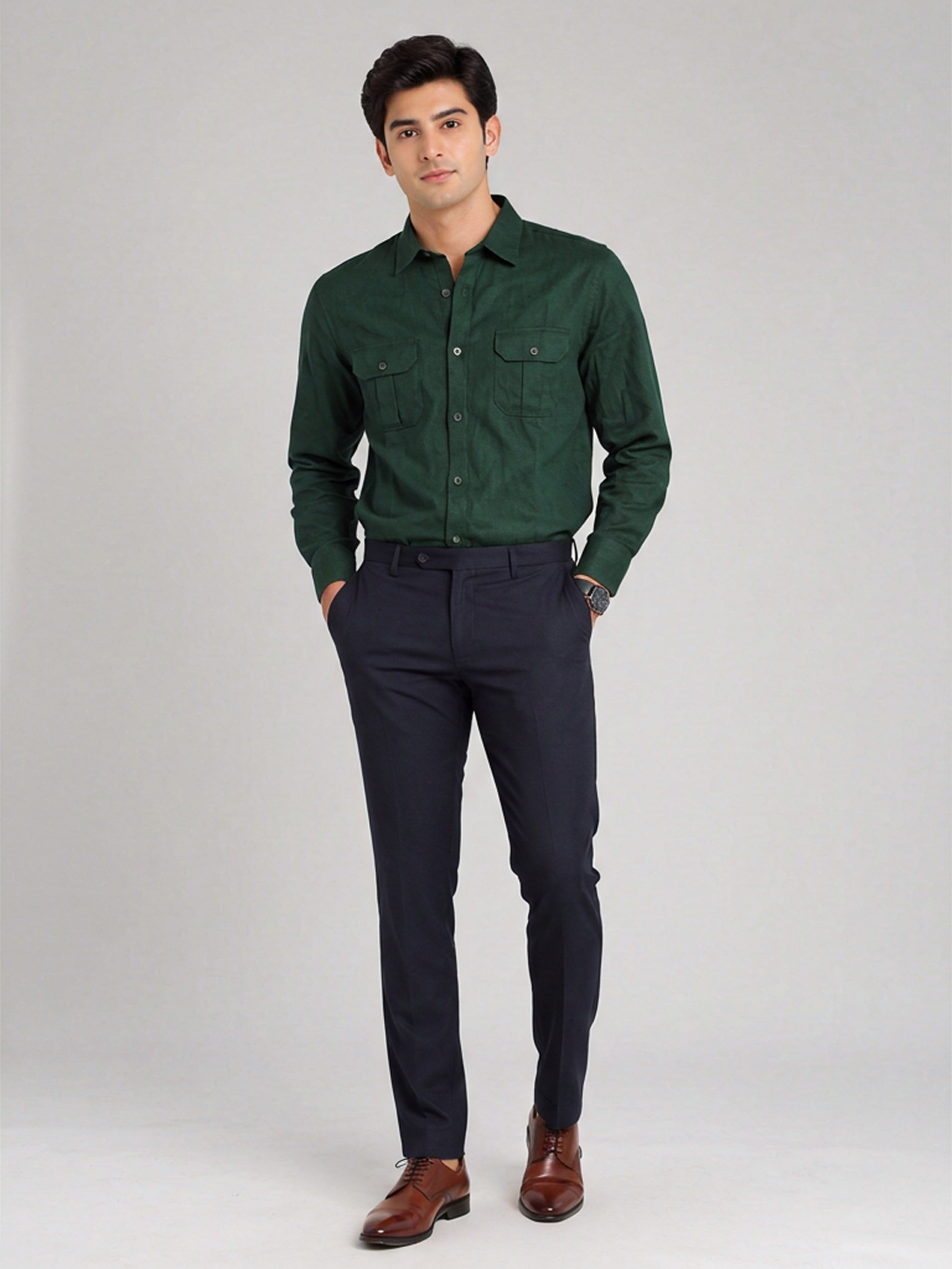 Allen Solly Men's 100% Linen Utility Shirt in Dark Green — image 1