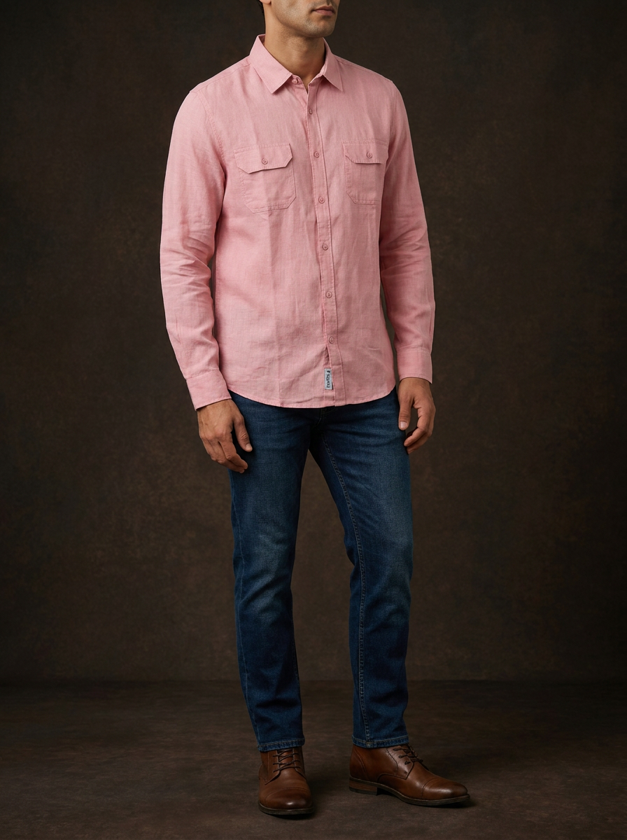 Allen Solly Men's Pink Linen Casual Shirt with Double Pockets — image 1