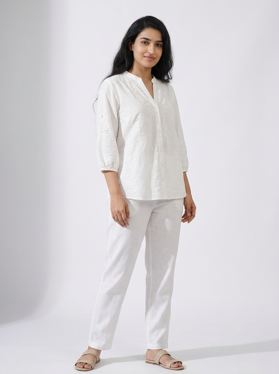 White Embroidered Eyelet Cotton Blouse | Bohemian Button-Down Top — image 1