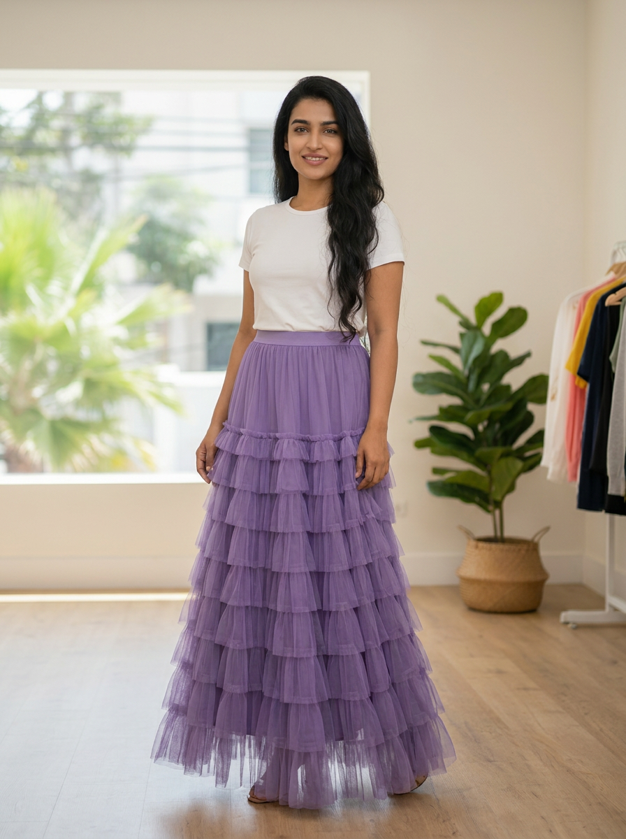 Purple Tiered Tulle Maxi Skirt | Ruffled Floor-Length Skirt — image 1