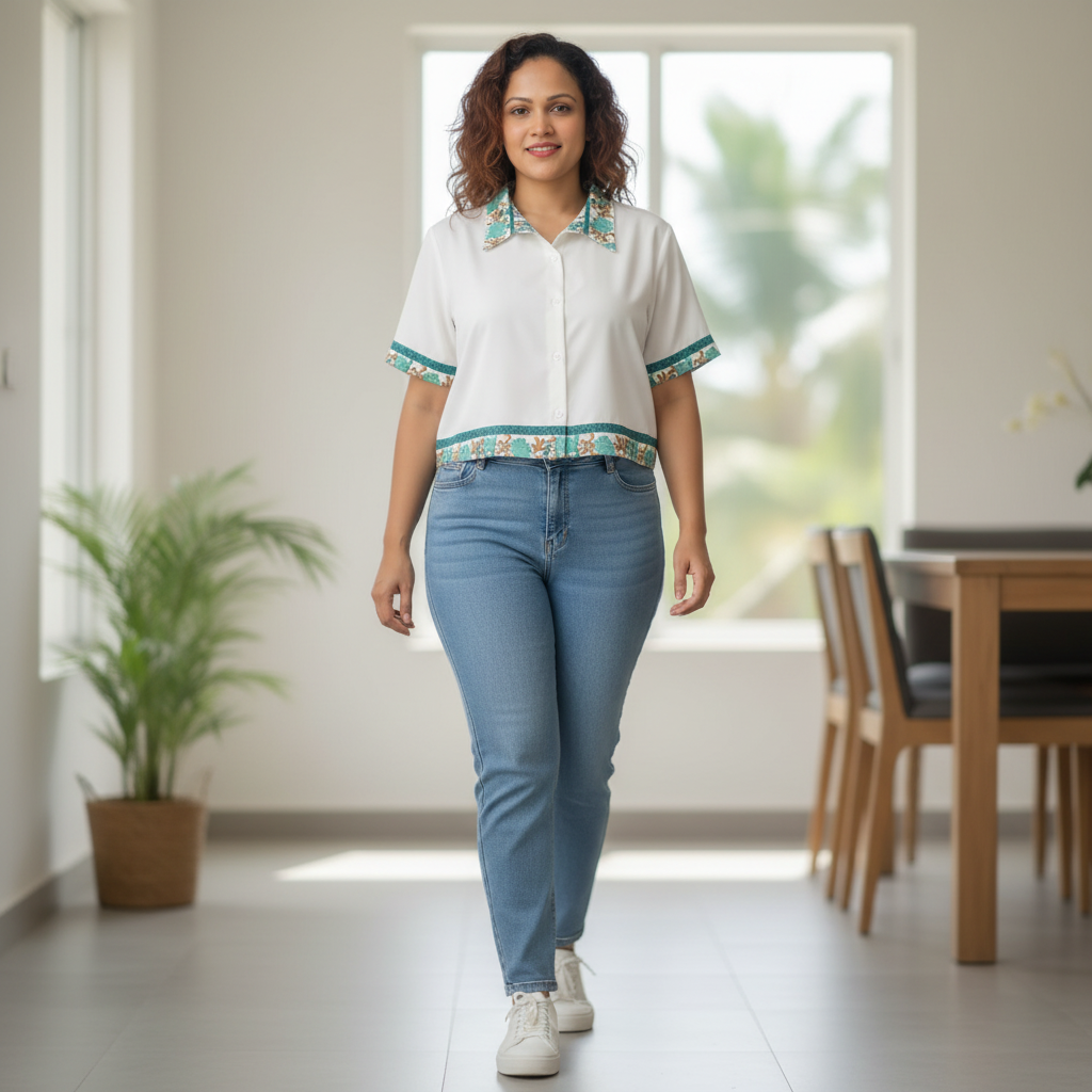 Vintage Floral Trim Cropped Blouse | Short Sleeve White Shirt — image 1