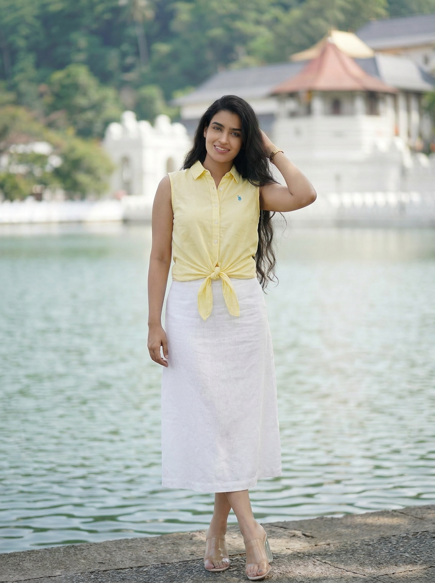 U.S. POLO ASSN. YELLOW STRIPE TIE-FRONT SLEEVELESS SHIRT | SUMMER TOP — image 1