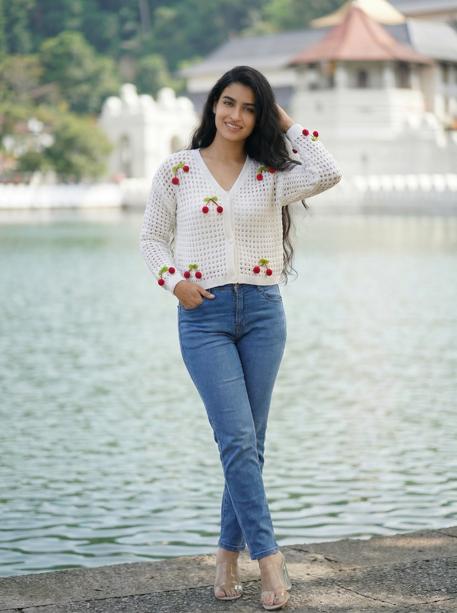 White Cardigan Cropped Open-Knit V-Neck with Cherry — image 1